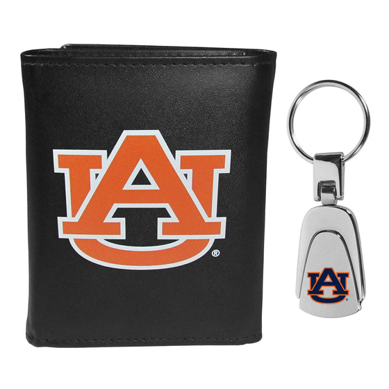 Auburn Tigers Leather Tri-fold Wallet & Steel Key Chain