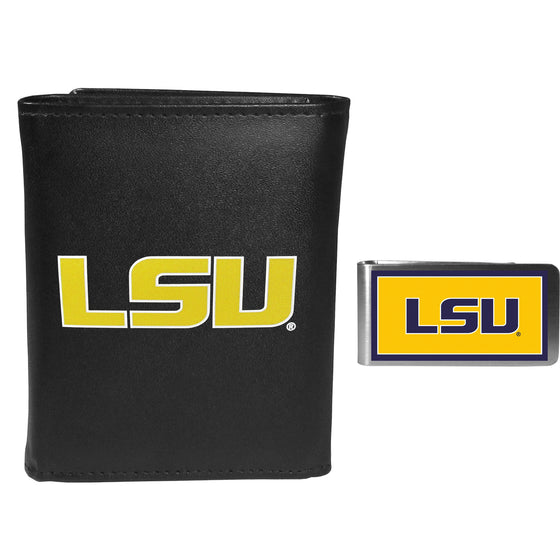 LSU Tigers Leather Tri-fold Wallet & Color Money Clip