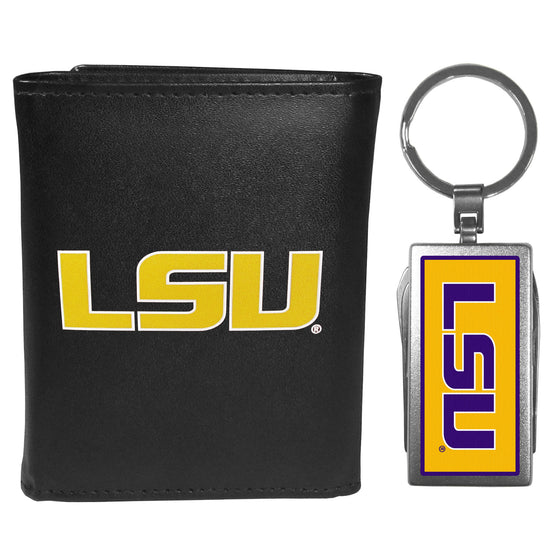 LSU Tigers Leather Tri-fold Wallet & Multitool Key Chain, Black