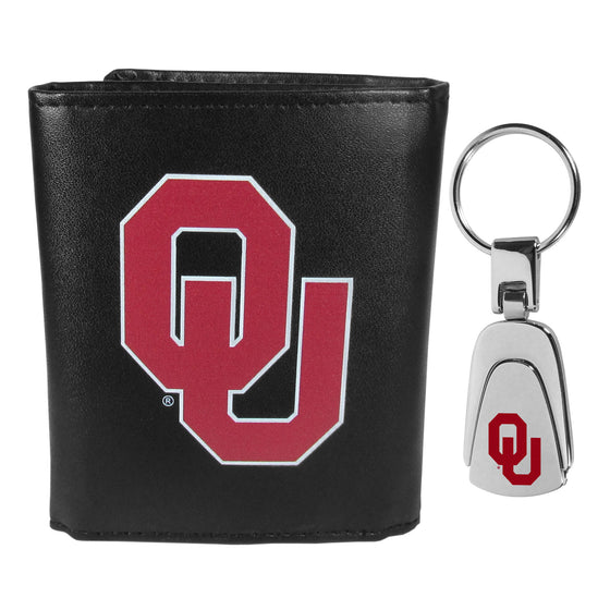 Oklahoma Sooners Leather Tri-fold Wallet & Steel Key Chain