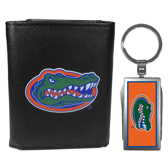 Florida Gators Leather Tri-fold Wallet & Multitool Key Chain, Black