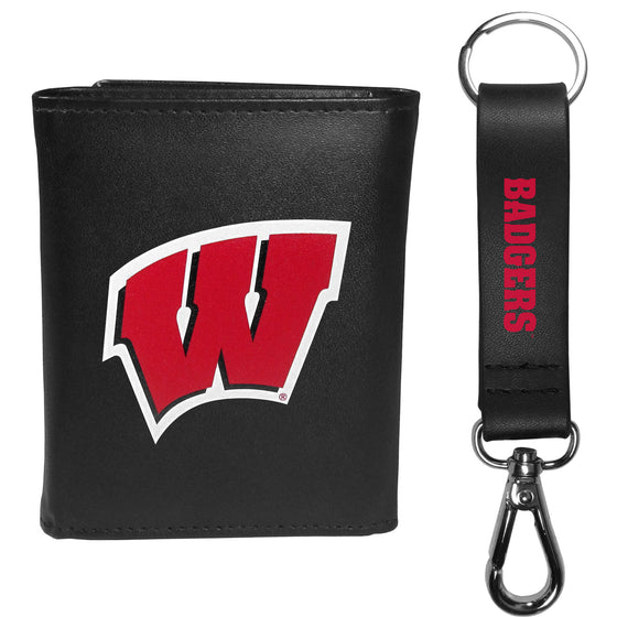 Wisconsin Badgers Leather Tri-fold Wallet & Strap Key Chain