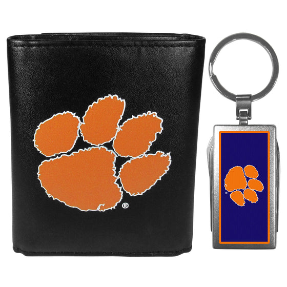 Clemson Tigers Leather Tri-fold Wallet & Multitool Key Chain, Black