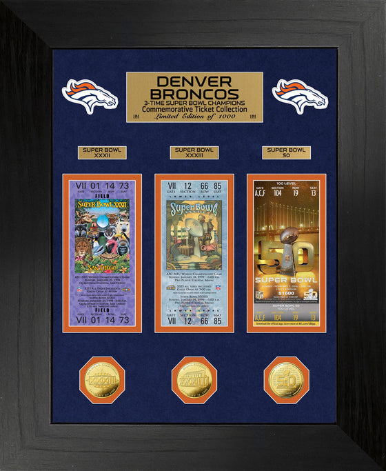 Denver Broncos 3-Time Super Bowl Champions Deluxe Gold Coin & Ticket Collection