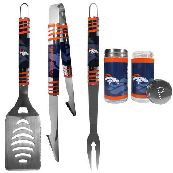 Denver Broncos 3 pc Tailgater BBQ Set and Salt and Pepper Shaker Set