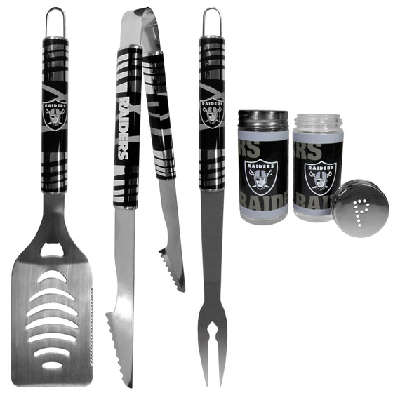 Las Vegas Raiders 3 pc Tailgater BBQ Set and Salt and Pepper Shaker Set