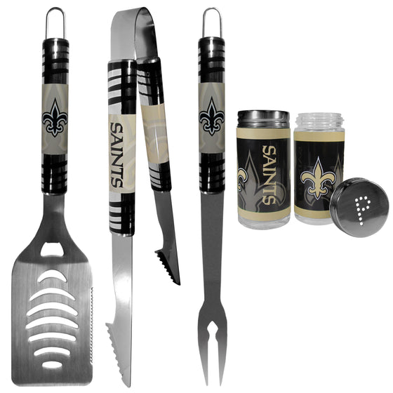 New Orleans Saints 3 pc Tailgater BBQ Set and Salt and Pepper Shaker Set