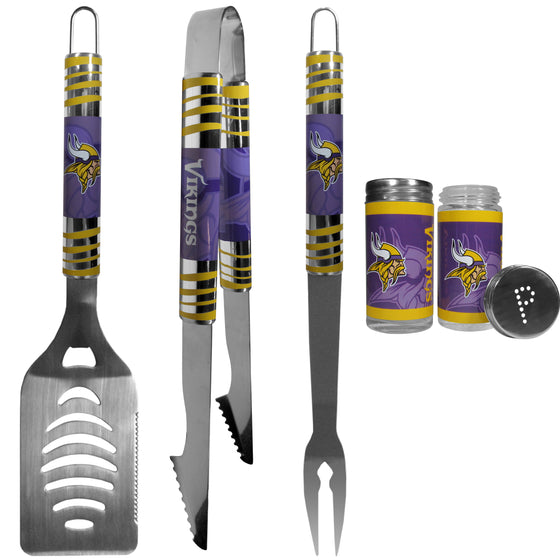 Minnesota Vikings 3 pc Tailgater BBQ Set and Salt and Pepper Shaker Set