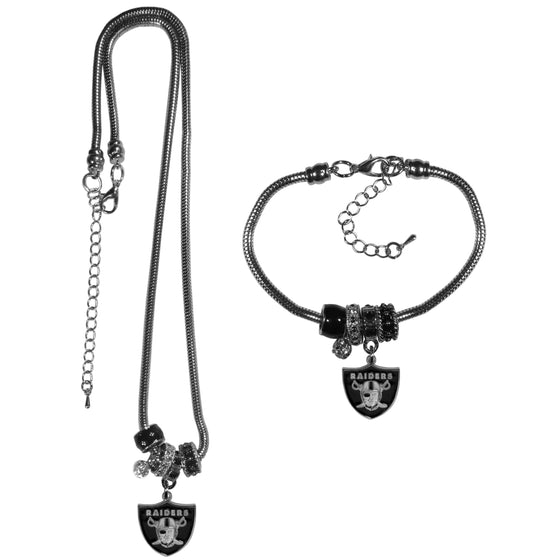 Las Vegas Raiders Euro Bead Necklace and Bracelet Set