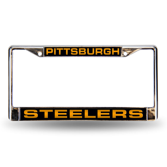 NFL Football Pittsburgh Steelers Black 12" x 6" Laser Cut Chrome Frame - Car/Truck/SUV Automobile Accessory