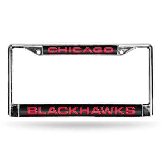 NHL Hockey Chicago Blackhawks Black 12" x 6" Laser Cut Chrome Frame - Car/Truck/SUV Automobile Accessory