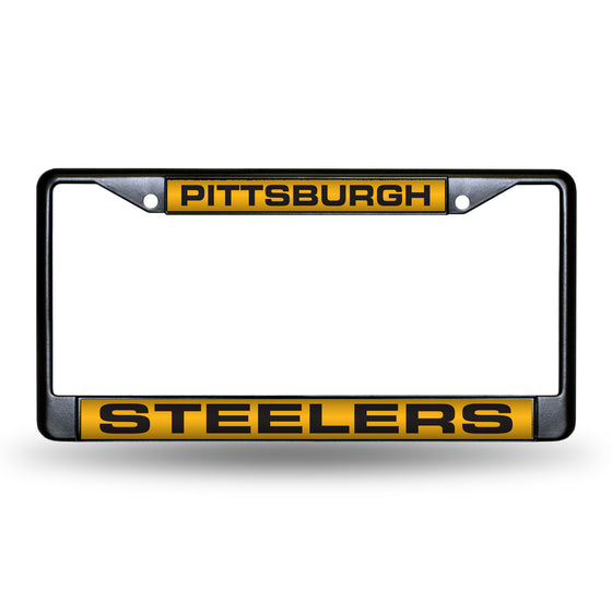 NFL Football Pittsburgh Steelers Black 12" x 6" Black Laser Cut Chrome Frame - Car/Truck/SUV Automobile Accessory