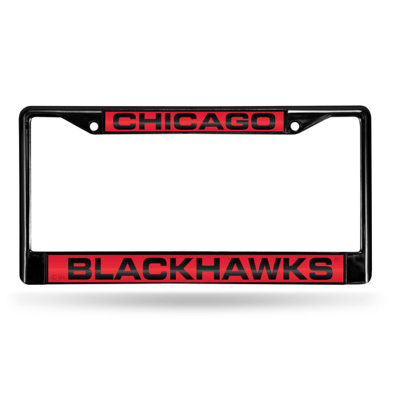 NHL Hockey Chicago Blackhawks Black 12" x 6" Black Laser Cut Chrome Frame - Car/Truck/SUV Automobile Accessory