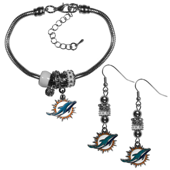 Miami Dolphins Euro Bead Earrings and Bracelet Set