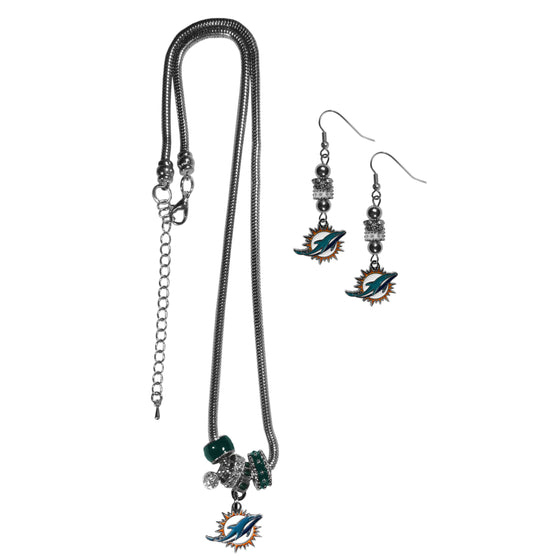 Miami Dolphins Euro Bead Earrings and Necklace Set