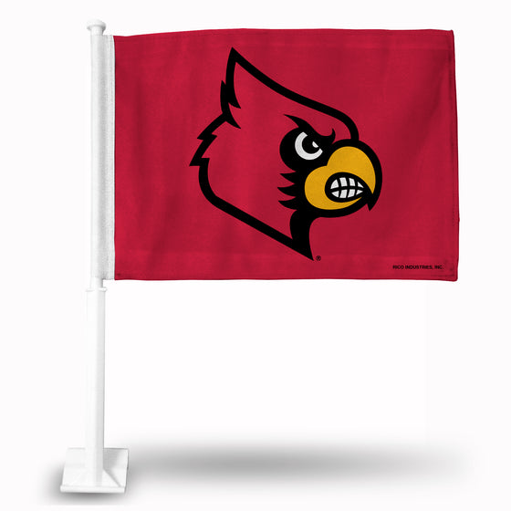 NCAA  Louisville Cardinals Red Double Sided Car Flag -  16" x 19" - Strong Pole that Hooks Onto Car/Truck/Automobile