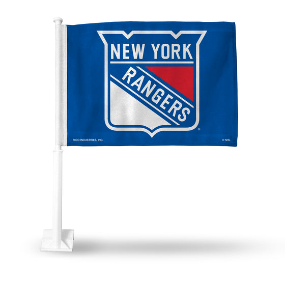 NHL Hockey New York Rangers Standard Double Sided Car Flag -  16" x 19" - Strong Pole that Hooks Onto Car/Truck/Automobile