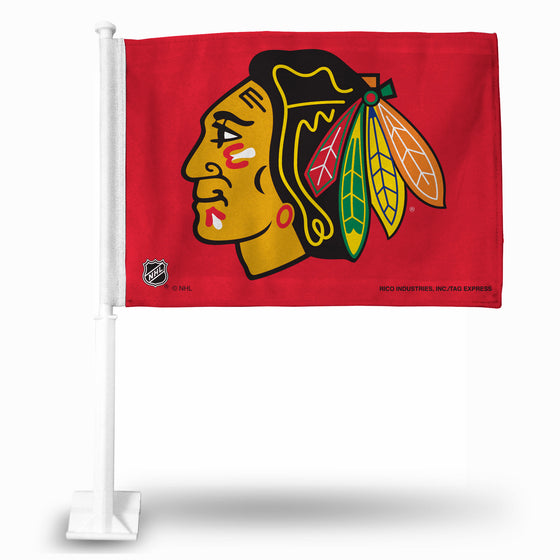 NHL Hockey Chicago Blackhawks Red Double Sided Car Flag -  16" x 19" - Strong Pole that Hooks Onto Car/Truck/Automobile