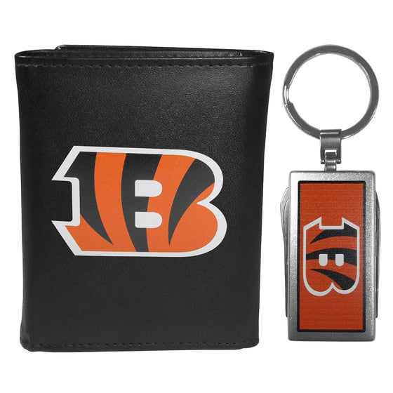 Cincinnati Bengals Leather Tri-fold Wallet & Multitool Key Chain, Black