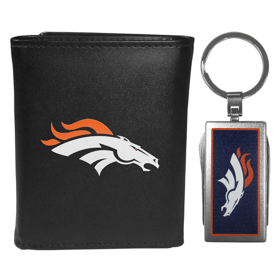 Denver Broncos Leather Tri-fold Wallet & Multitool Key Chain, Black