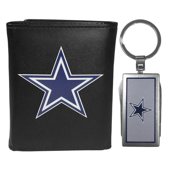 Dallas Cowboys Leather Tri-fold Wallet & Multitool Key Chain, Black