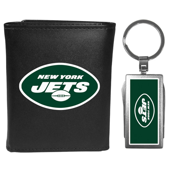 New York Jets Leather Tri-fold Wallet & Multitool Key Chain, Black