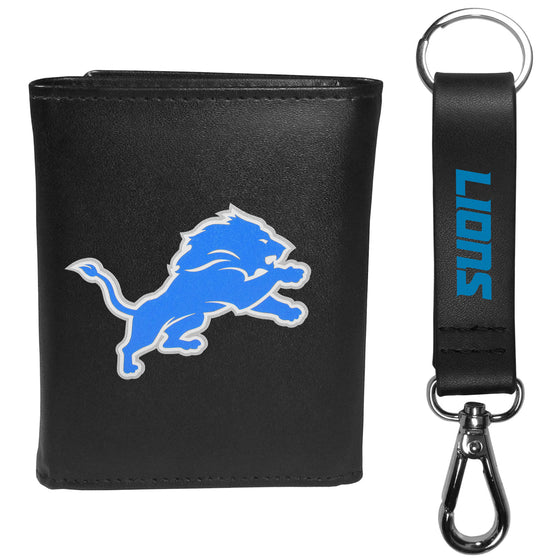 Detroit Lions Leather Tri-fold Wallet & Strap Key Chain