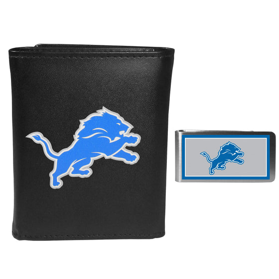 Detroit Lions Leather Tri-fold Wallet & Color Money Clip