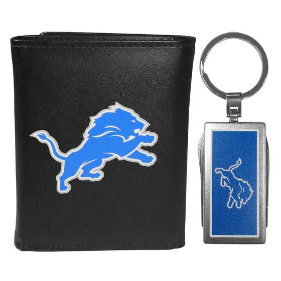 Detroit Lions Leather Tri-fold Wallet & Multitool Key Chain, Black