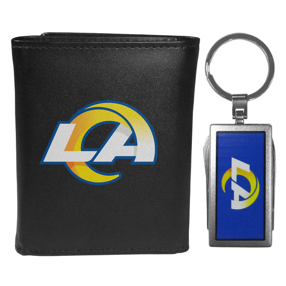 Los Angeles Rams Leather Tri-fold Wallet & Multitool Key Chain, Black