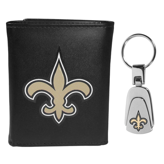 New Orleans Saints Leather Tri-fold Wallet & Steel Key Chain