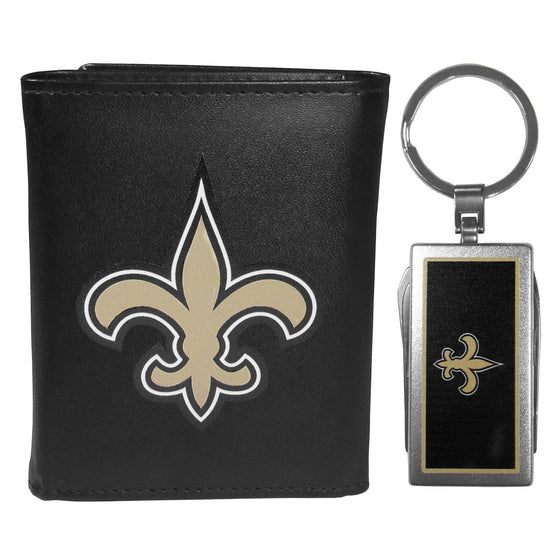 New Orleans Saints Leather Tri-fold Wallet & Multitool Key Chain, Black