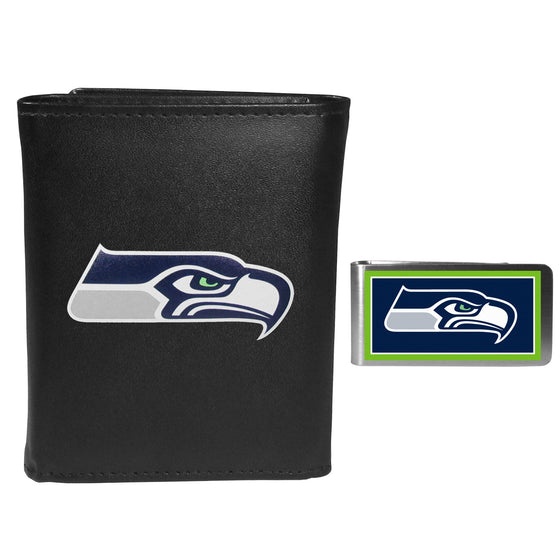 Seattle Seahawks Leather Tri-fold Wallet & Color Money Clip