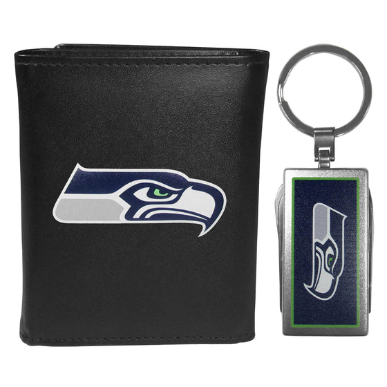 Seattle Seahawks Leather Tri-fold Wallet & Multitool Key Chain, Black