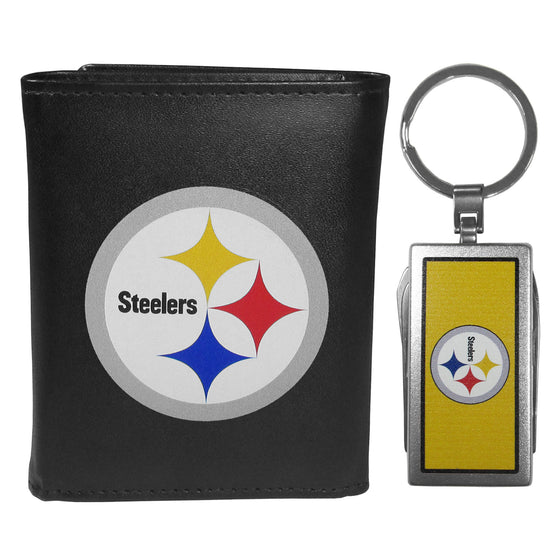 Pittsburgh Steelers Leather Tri-fold Wallet & Multitool Key Chain, Black