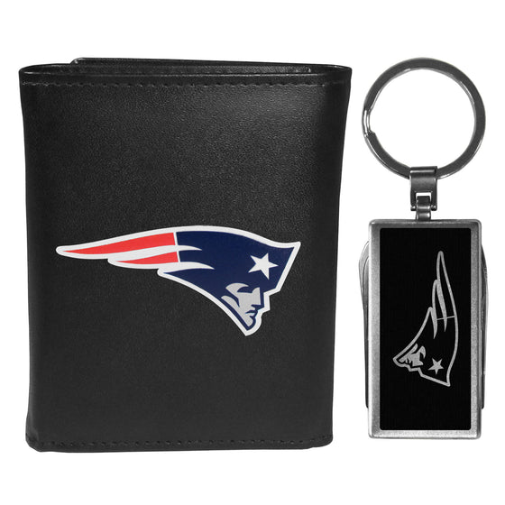 New England Patriots Tri-fold Wallet & Multitool Key Chain, Black