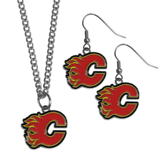 Calgary Flames Dangle Earrings and Chain Necklace Set