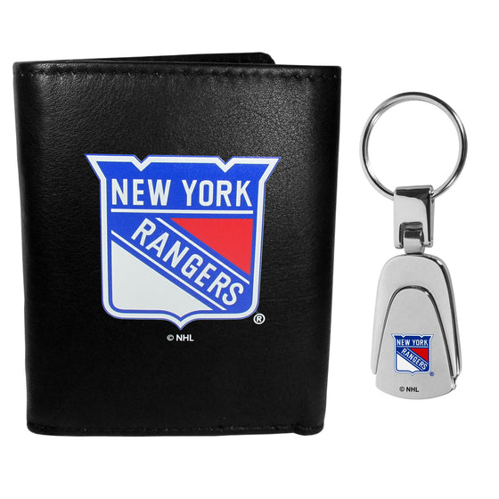 New York Rangers Leather Tri-fold Wallet & Steel Key Chain