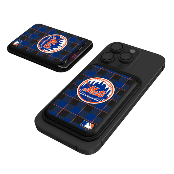 New York Mets Plaid Black Magnetic Credit Card Wallet-0