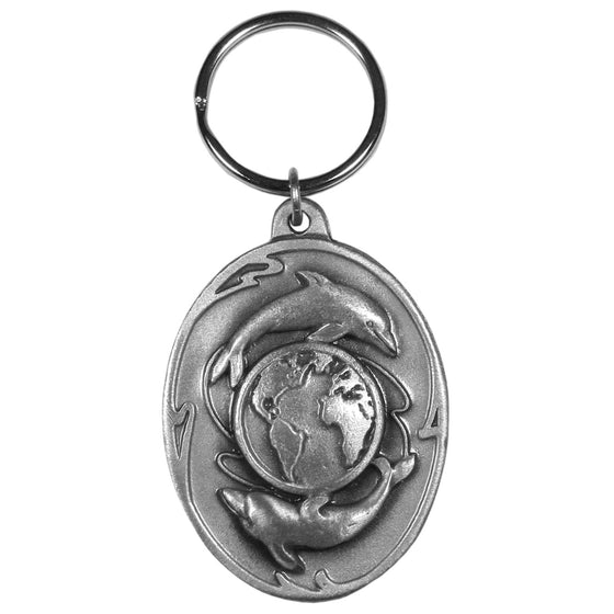 Dolphins Swimming Around the Globe Antiqued Metal Key Chain