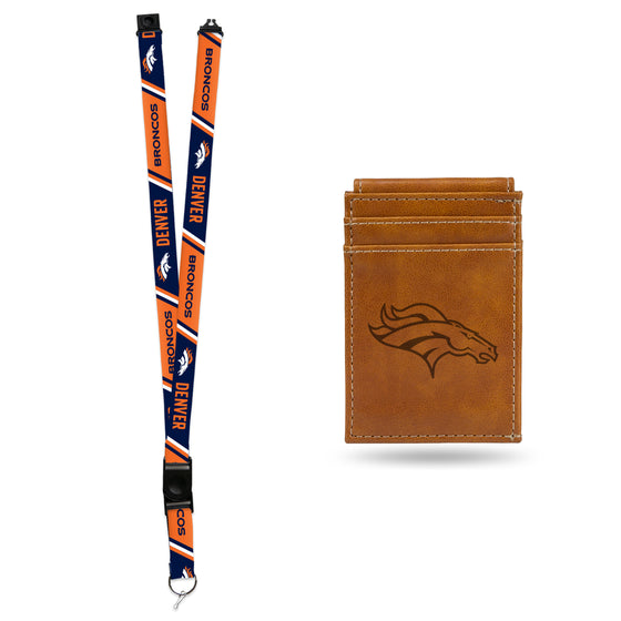 NFL Football Denver Broncos Brown Front Pocket Wallet Set - Great Men's Gift