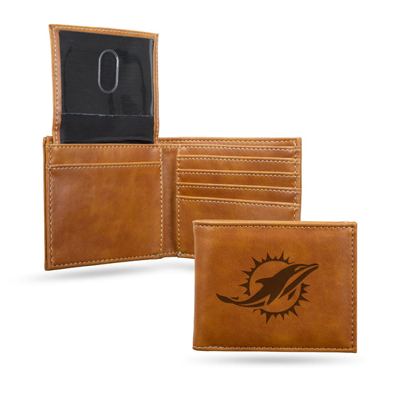 NFL Football Miami Dolphins Brown Laser Engraved Bill-fold Wallet - Slim Design - Great Gift