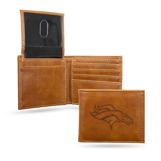 NFL Football Denver Broncos Brown Laser Engraved Bill-fold Wallet - Slim Design - Great Gift