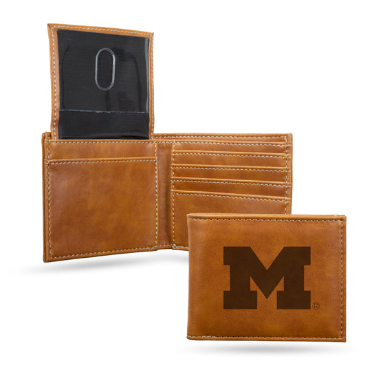 NCAA  Michigan Wolverines Brown Laser Engraved Bill-fold Wallet - Slim Design - Great Gift