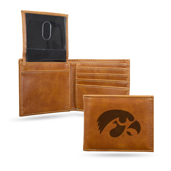 NCAA  Iowa Hawkeyes Brown Laser Engraved Bill-fold Wallet - Slim Design - Great Gift