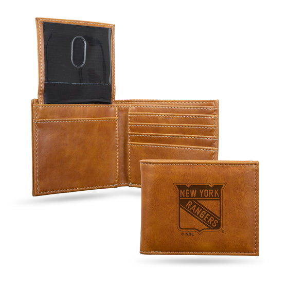 NHL Hockey New York Rangers Brown Laser Engraved Bill-fold Wallet - Slim Design - Great Gift