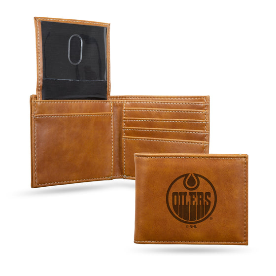 NHL Hockey Edmonton Oilers Brown Laser Engraved Bill-fold Wallet - Slim Design - Great Gift