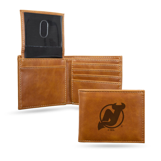 NHL Hockey New Jersey Devils Brown Laser Engraved Bill-fold Wallet - Slim Design - Great Gift