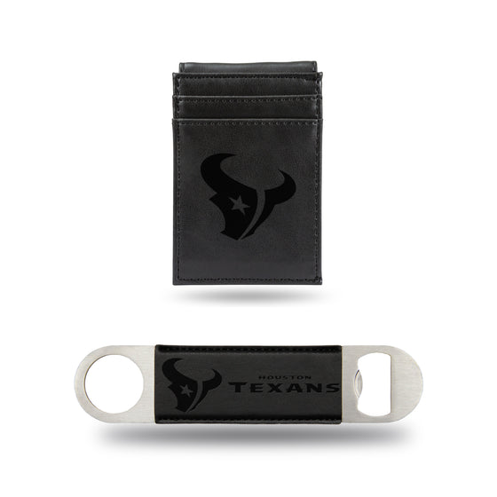 NFL Football Houston Texans Black Laser Engraved Front Pocket Wallet & Bar Blade - Slim/Light Weight - Great Gift Items