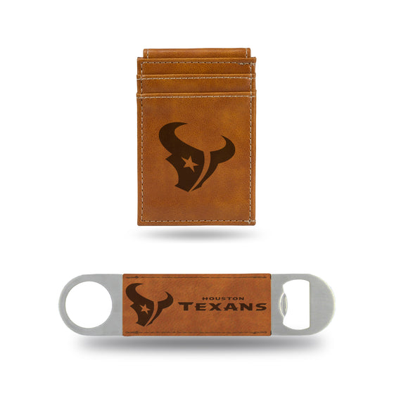 NFL Football Houston Texans Brown Laser Engraved Front Pocket Wallet & Bar Blade - Slim/Light Weight - Great Gift Items